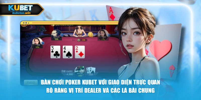 Bàn chơi Poker KUBET với giao diện trực quan, rõ ràng vị trí Dealer và các lá bài chung